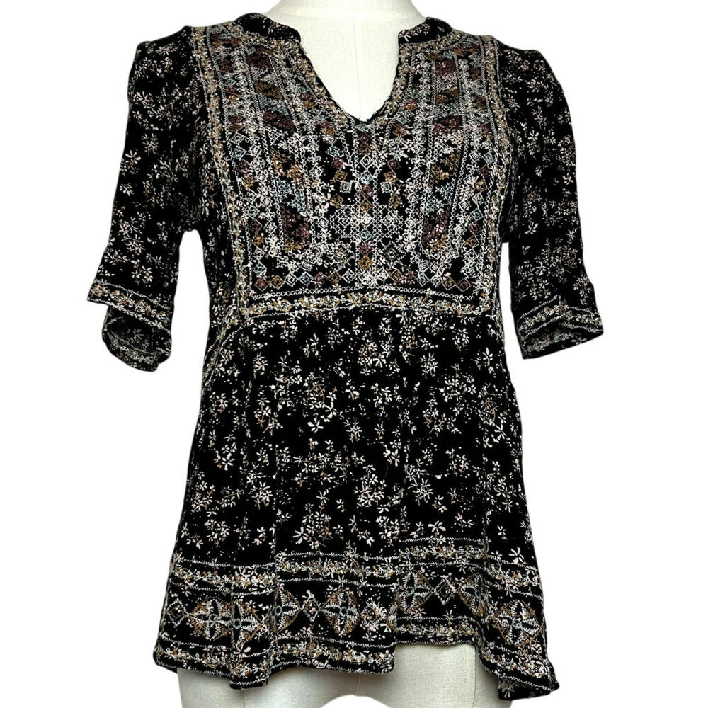 Knox Rose Black Embroidered Boho Floral Tunic Top S Boho Goth Whimsigoth Casual